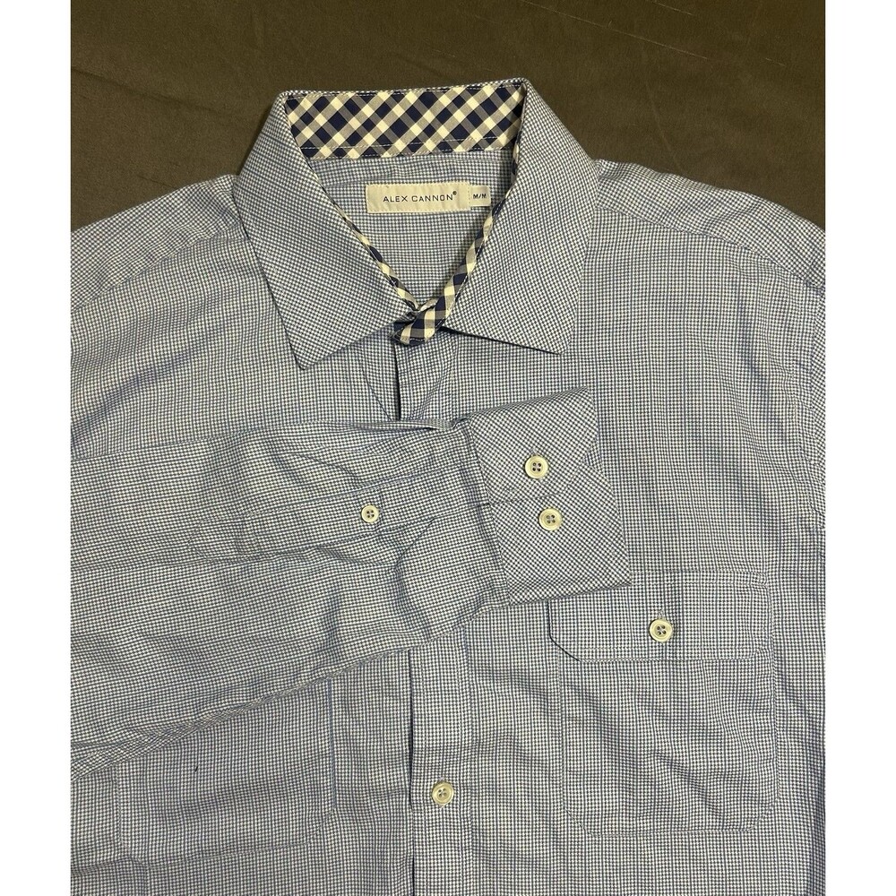 Alex Cannon Regular Fit Blue/White Check Cotton Dress Shirt Men’s M Long Sleeve